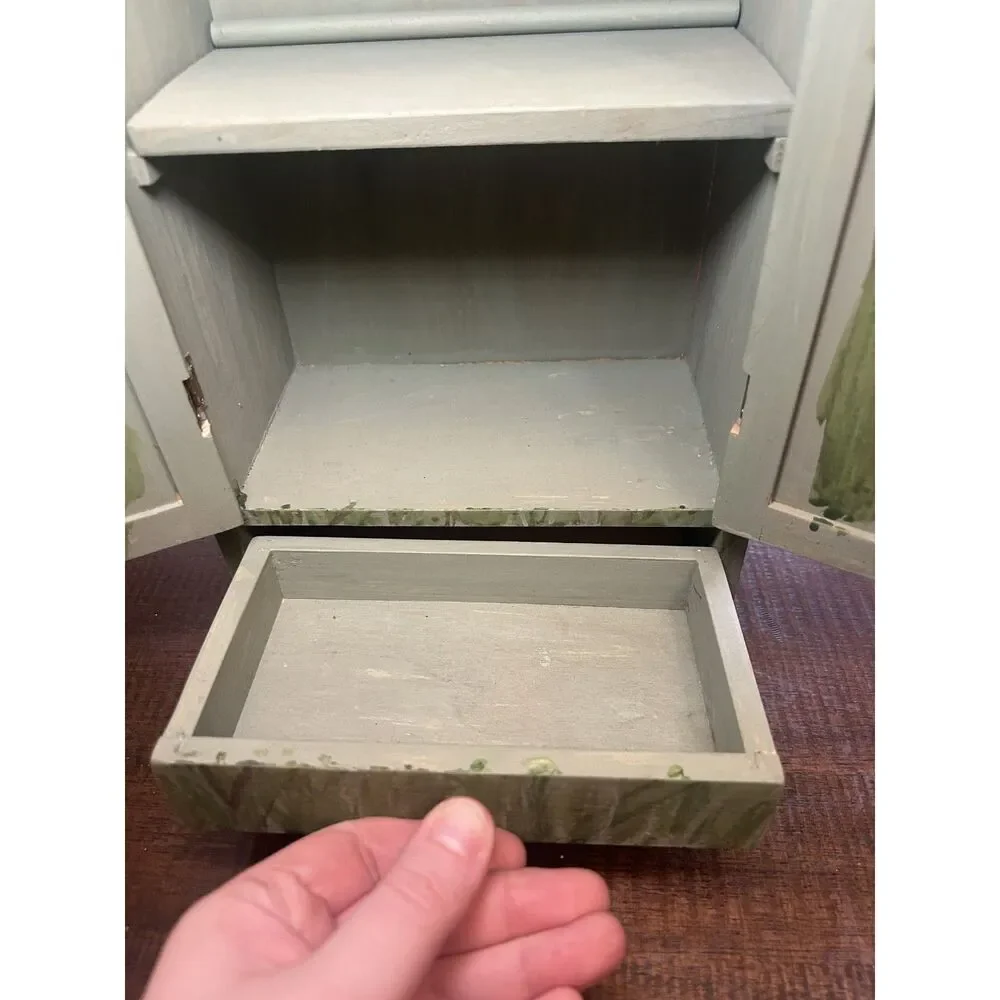 Vintage Hand Painted Wooden Jewelry Box Cabinet Sage Green Tulip Cottagecore